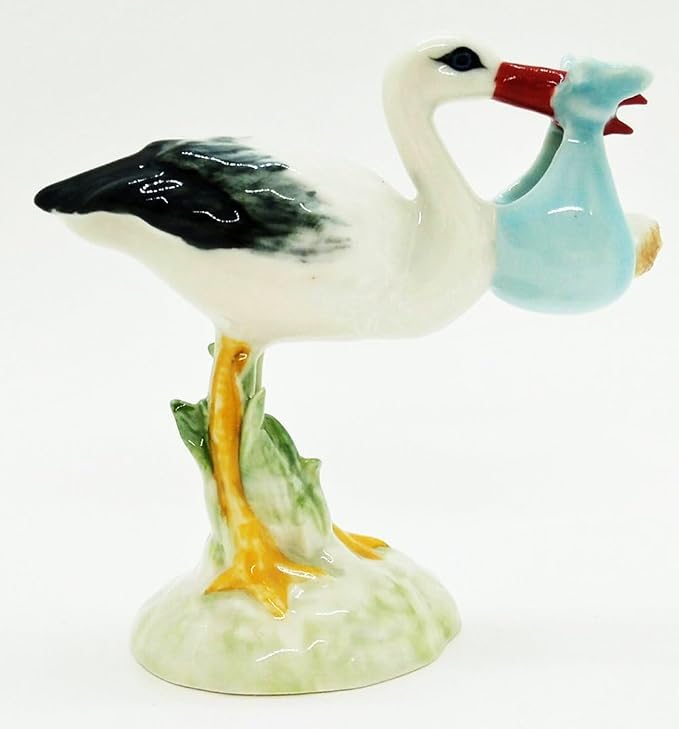 WitnyStore Tiny 3½" High White Stork Bringing Baby in Blue Bundle Figurine - Miniature Hand Made Ceramic Birds Aves Colorful Porcelain Feathered Animals Cute Decorative Collectible Figures Décor Gifts