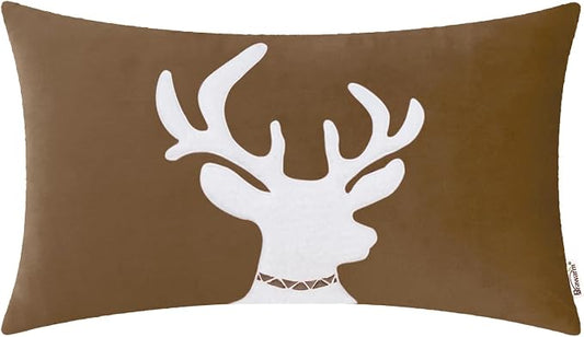 BRAWARM Christmas Pillow Cover 12 X 20 Inches, Brown Reindeer Embroidered Lumbar Pillow Cover, Soft Velvet Decorative Throw Pillow for Couch Bed Sofa Living Room Home