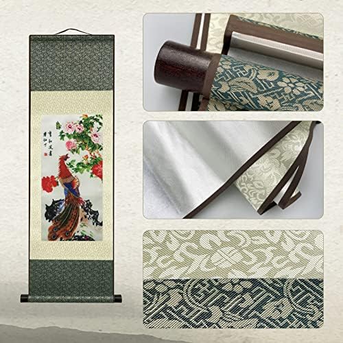 AtfArt 4 Pack Asian Wall Decor - Beautiful Silk Scroll Painting Birds - Phoenix Oriental Decor Chinese Art Wall Scroll Wall Hanging Painting (36.2 x 12 in)