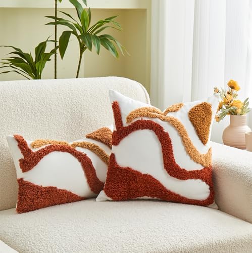 lifein 12x20 Pillow Covers-Lumbar Pillow Covers Boho Couch Pillows Embroidered Decorative Accent Pillows Mid Century Textured Pillowcases for Couch Sofa Living Room Bed Home Decor (Burnt Orange)