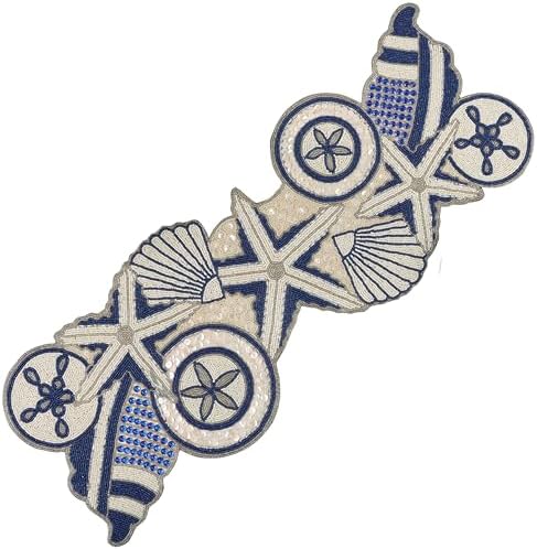 Beaded Table Runner - Handmade Glass Beads & Polyester Runner for Coffee & Dining Table, Elegant Star Pattern Decor for Home, Wedding, Holiday, Coastal or Boho Theme (Blue White) - ALPHA Living HOME