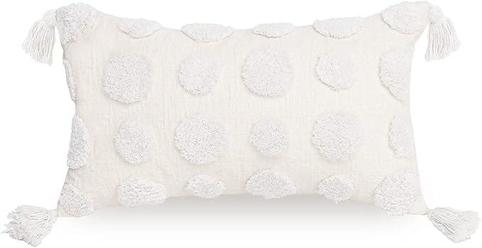 PLWORLD Boho White Lumbar Pillow Cover 12x20, Tufted Cream Chenille Case with Pom Poms & Tassels, 1PC Cover Only, No Insert