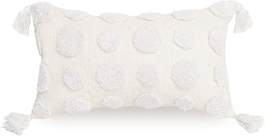 PLWORLD Boho White Lumbar Pillow Cover 12x20, Tufted Cream Chenille Case with Pom Poms & Tassels, 1PC Cover Only, No Insert