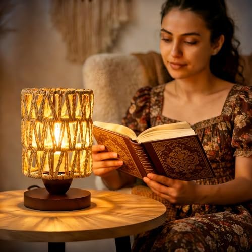 Boho Rattan Lamp for Bedroom,Wicker Wooden LED Bedside Lamp for Nightstands