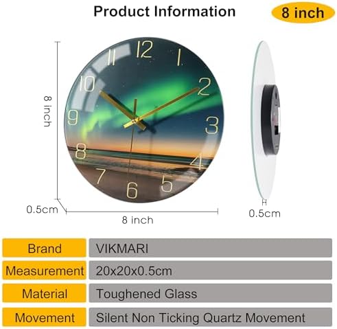 VIKMARI Aurora Black Gold Silent 8" Wall Clock Bathroom Living Room Decor