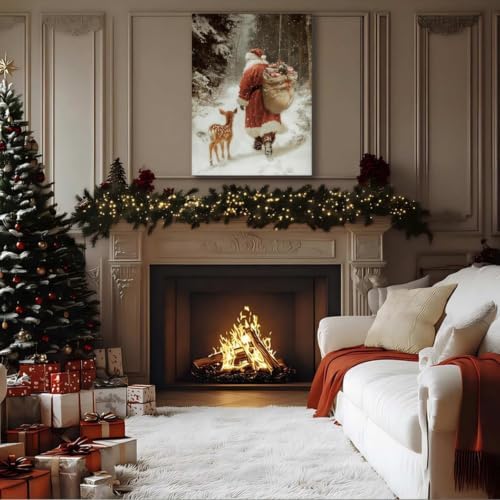 FLZYKGPA Christmas Wall Art 24x36, Santa Claus & Deer Canvas Prints, Christmas Pictures Wall Decor for Living Room & Bathroom, Holiday Painting for Bedroom Party Winter Cottage Artworks Gifts
