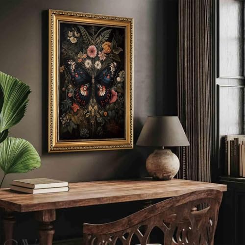 Vintage Gold Framed Butterfly Wall Art Dark Academia Canvas Art Prints | Dark Moody Floral Pictures Gothic Botanical Paintings Wall Decor Artwork for Living Room Bedroom 16x24in