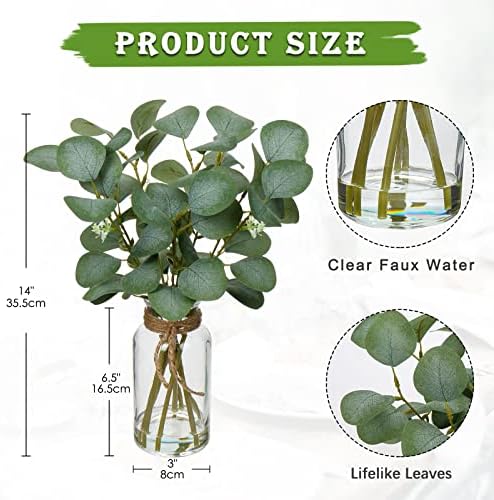Artificial Eucalyptus Stems Fake Plants in Glass Vase with Faux Water
