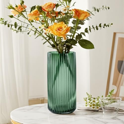 8 Inch Tall Emerald Green Glass Vases for Flowers-Vintage Decorative Ribbed Glass Cylinder Vase for Table, Countertops, Shelves, Flower Vase for Home Decor, Wedding Centerpieces, Kitchen