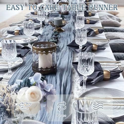 3 Pack 120 Inch Dusty Blue Cheesecloth Table Runner Boho Rustic Gauze Sheer Romantic 10 FT Long Cheese Cloth Table Runner for Bridal Baby Shower Wedding Party Birthday Holiday Home Easter Decor