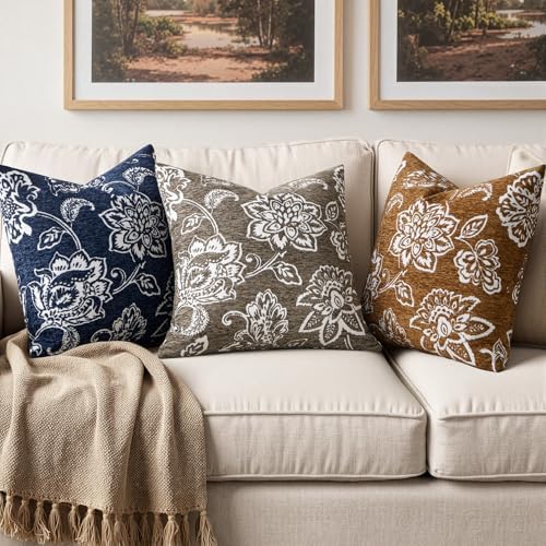 Set of 2 Chenille Floral Pillow Covers 18x18 Inch Taupe Grey