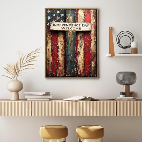 American Flag Framed Canvas Wall Art, 4th of July Patriotic Canvas Prints | USA Flag Wood Texture Poster Print, 4th of July Red White Blue Wall Decor for Bedroom Living Room 11×14in