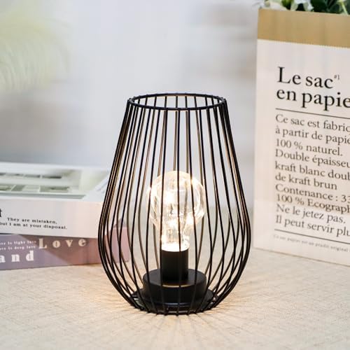 TRIROCKS Set of 12 Metal Cordless Table Lamp - 8'' Tall Cage Shape Battery Operated Lamp with Warm Fairy Lights Bulb for Indoor/Outdoor Use, Perfect for Christmas, Patio, Garden, and Weddings (Black)