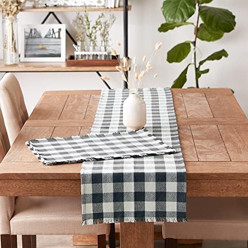 DII Fringed Check Tabletop, Table Runner, 14x108, Mineral