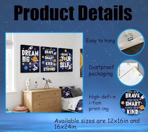 3Pcs Inspirational Space Astronaut Kids Canvas Wall Art, Inspirational Quotes Painting Picture Wall Decor, Boys Positive Affirmative Poster Print Artwork for Playroom, Classroom, 16x24in