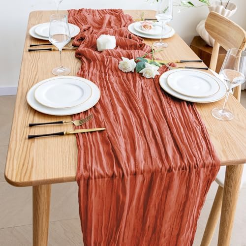 Wokceer Cheesecloth Fall Table Runner Terracotta 10FT Boho Gauze, 2 Pack