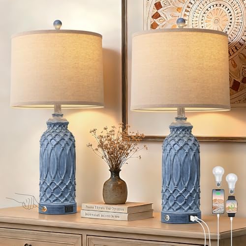WIHTU 26.5'' Blue Resin Table Lamps, Touch Beside Lamps with USB Ports