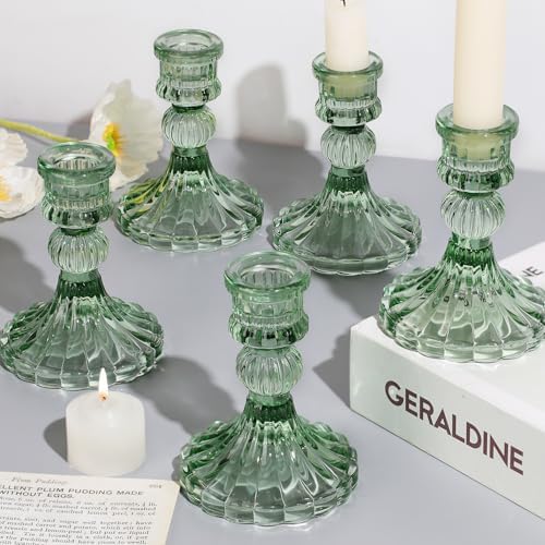 12PCS Green Candlestick Holders Set- 4" H Taper Candle Holders, Glass Candle Holders Bulk for Wedding, Party, Home Table Centerpieces, Festival Gifts & Windowsill Decor