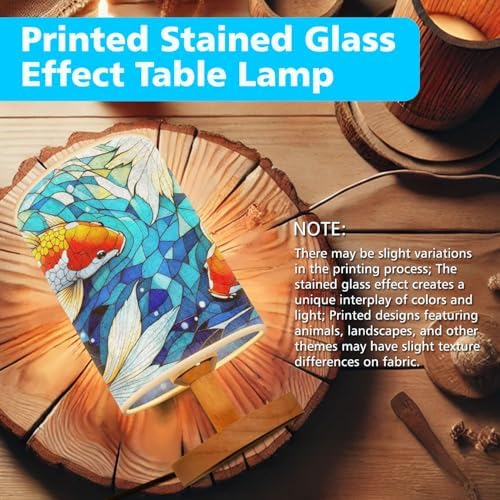 Koi Fish Table Lamp LED 3-Color Pressed Bedside, Koi Fish Shade Lamp with Wood Base for Bedroom Living Room Desk Office TL01