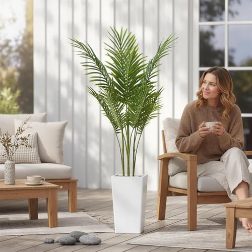 Artificial Palm Tree in White Tall Planter, 4.8FT Faux Tropical Plants Artificial Tall Trees with Lifelike Leaves for Indoor Outdoor Front Door Living Room Office