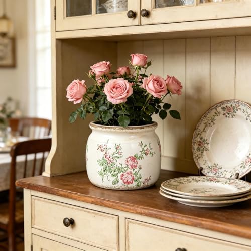 Flower Pots Planters for Indoor Plants Ceramic Plant Pots with Drainage 6.1 Inch Vintage Ceramic Pots for Plants Outdoor Home Garden Decor, Vintage Pink Rose