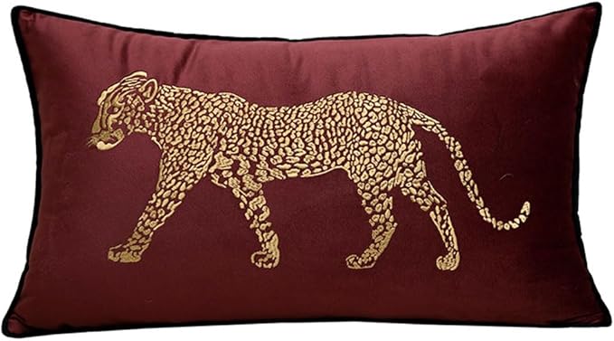 vctops Soft Velvet Embroidery Lumbar Decorative Throw Pillow Covers Leopard Pattern Cushion Case for Sofa Bedroom Couch (Wine Red,12"x20")