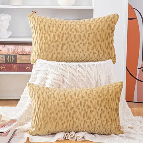 MADIZZ Set of 2 Super Soft Velvet Decorative Throw Pillow Covers 12x20 inch Khaki Rectangular with Texture Luxury Style Cushion Case Pillow Shell for Sofa Bedroom