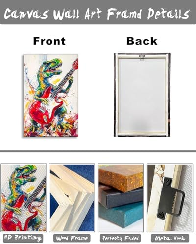 Dinosaur Canvas Wall Art Graffiti Wall Decor Framed Funny Dinosaur Play the Guitar Picture Modern Pop Painting Prints for Living Room Bedroom Home Office Ready to Hang - 16.00"x24.00"