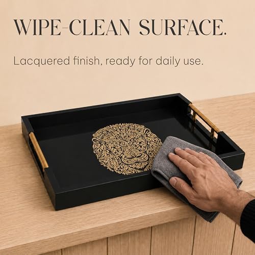 Serving Tray with Gold Lion Design, Black Gloss by Death Decor