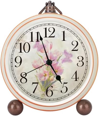 Classic Vintage Table Clock - 5.2in Pink Tulips Analog Desk Clock, Silent Non-Ticking Clock with Distressed Metal Frame for Office, Living Room or Bedroom (Pink Tulips)