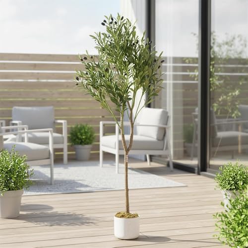 4.3FT Artificial Olive Tree with Lifelike Leaves & 44 Fruits, Faux Olive Tree in Pot, Evergreen Fake Plants Artificial Plants Indoor for Office Outdoor Modern Farmhouse Decor