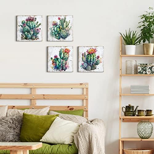 Cactus Wall Art Cactus Bathroom Decor Mexican Succulent Pictures Wall Decor | Southwestern Wall Art Boho Botanical Plants Canvas Prints Desert Flowers Paintings Living room Home Office Decor 12x12" 4Pcs