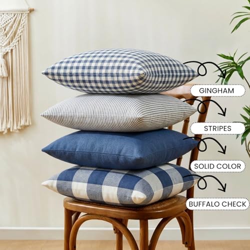 Nautical Navy Blue Buffalo Check Plaid Throw Pillow Covers 18x18 Set of 4