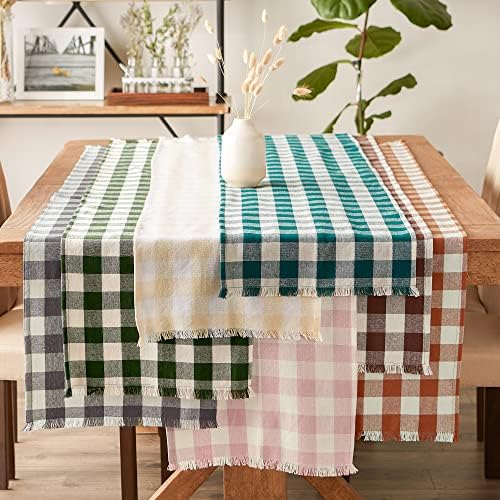 DII Fringed Check Tabletop, Table Runner, 14x72, Teal