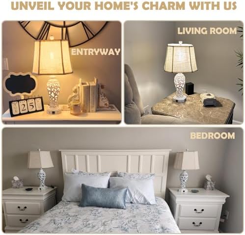 Set of 2 Rustic Table Lamps for Living Room Bedroom, Farmhouse Vintage Nightstand Lamp with 2 USB Ports, Hollow Out Resin Lamp for End Table with Nightlight, Bulbs Included (Wash White)