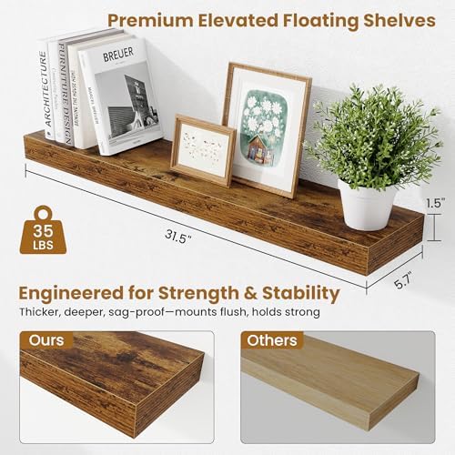 Fun Memories Bathroom Shelves 32 Inch Long Set of 2, Floating Shelves for Wall with Invisible Brackets, for Bedroom, Living Room, Kitchen, Rustic Brown