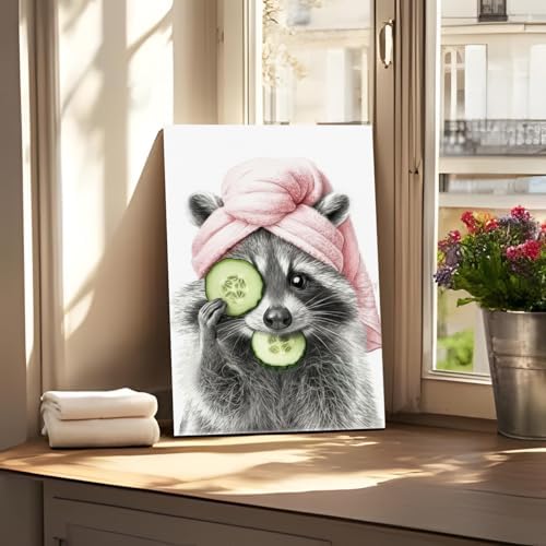 Funny Raccoon Bathroom Wall Art Black White Pink Animal Canvas Prints | Whimsical Skincare Raccoon Painting Black White With Soft Pink Picture Wall Decor for Kids Bathroom Restroom Washroom 16x24In