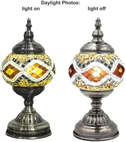 SILVERFEVER Handcrafted Mosaic Turkish Lamp Moroccan Glass Table Desk Bedside Light Bronze Base with E12 Bulb (White Wave)