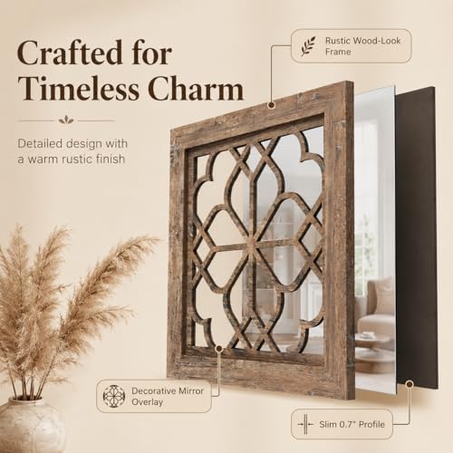 Boho Wall Mirror Decor, Set of 2 Rustic Farmhouse Mirror 12x12 Inch, Square Shatterproof Vintage Style Mirrors for Wall, Small Decorative Mirrors for Living Room, Bedroom，Maroon