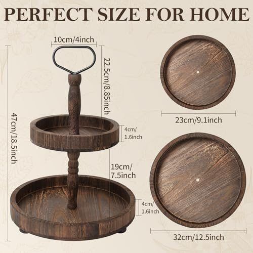 Horse Rustic Wooden Tiered Tray, 18.5x12.5 2 Tier Farmhouse Decor Cupcake Stand, Round Serving Tray for Home Kitchen Shelf Dinning Table Seasonal & Independence Day,Halloween,Christmas Decorations