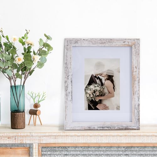 Muzilife Rustic White 8x10 Picture Frame with Mat, Real Glass Cover, 2 Pack