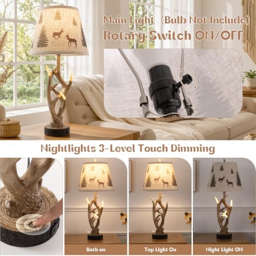 Dungoo 26" Rustic Antler Table Lamp Set of 2 for Bedroom with USB- C Port