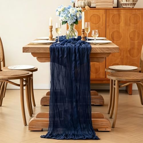 Navy Blue Table Runner, 10FT Rustic Gauze Blue Table Runner 35*120inch Boho Table Runners for Wedding Bridal Shower Birthday Baby Shower Table Centerpiece Decorations