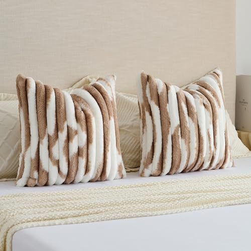FUTEI Pack of 2 Faux Fur Throw Pillow Covers 26x26 Inch, Brown White