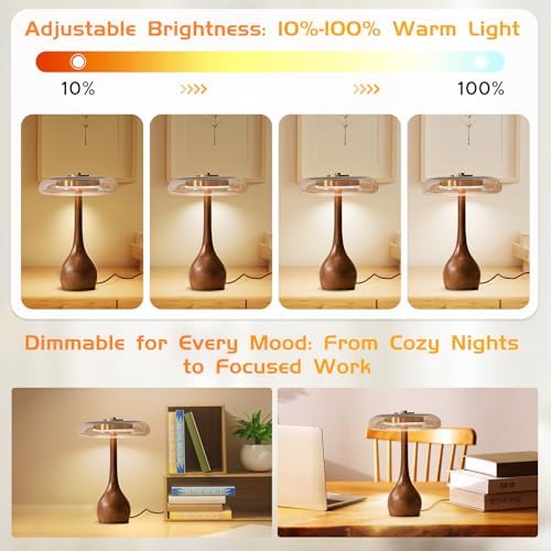 Small Table Lamp for Bedroom, Wooden Base, Teardrop Mushroom, H 12.4 In