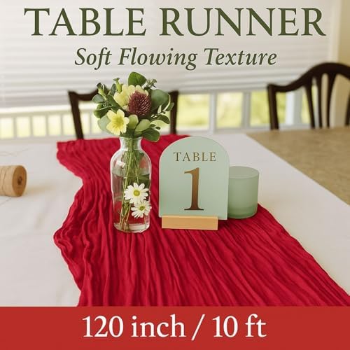 12 Pack Red Cheesecloth Table Runner Set – 10FT x 12pcs Gauze Boho Table Runners for Wedding Party Bridal Shower Baby Shower Dinner Holiday Rustic Decorations