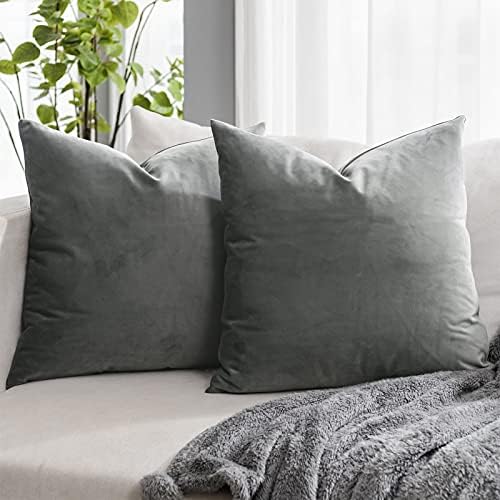 Grey Euro Decorative Velvet Throw Pillow Covers 26x26 inch Set of 2 with Zipper Luxury Soft Solid Square Cushion Covers Case for Sofa Couch Bed Living Room
