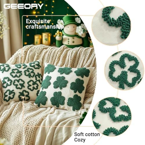 GEEORY St. Patrick's Day Pillow Covers 16x16 Inch Set of 2, Embroidered Shamrock Canvas Throw Pillow Cases, Farmhouse St. Patrick's Decor Cushion Covers for Sofa Bed Home Decorations