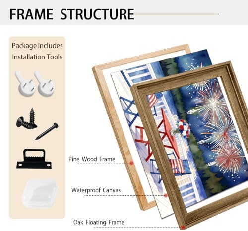 American Flag Framed Canvas Wall Art, 4th of July Patriotic Canvas Prints | Watercolor Lakefront Fireworks Poster Print, Independence Day Wall Decor for Bedroom Living Room 24×32in