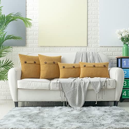 HWY 50 Mustard Yellow Chenille Throw Pillow Covers 12x20 Inch Buttons